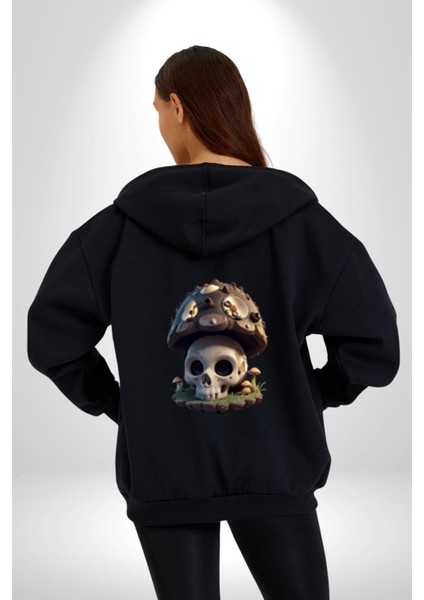 Kurukafa Mantar Ev Kadın Erkek Siyah Renk Kapüşonlu Kanguru Cepli Fermuarlı Pamuklu Oversize Dijital Baskılı Hırka Sweatshirt