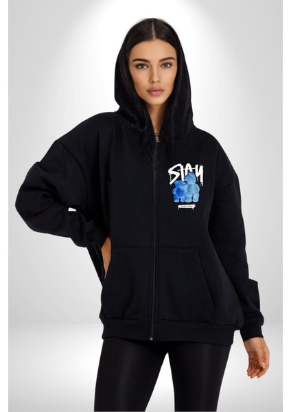 Birlikte Kal Kadın Erkek Siyah Kapüşonlu Fermuarlı Baskılı Hırka Sweatshirt
