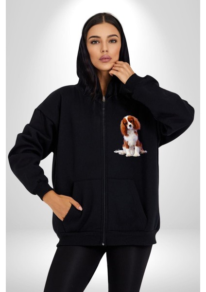 Cavalier King Charles Spaniel Kadın Erkek Siyah Kapüşonlu Fermuarlı Baskılı Hırka Sweatshirt