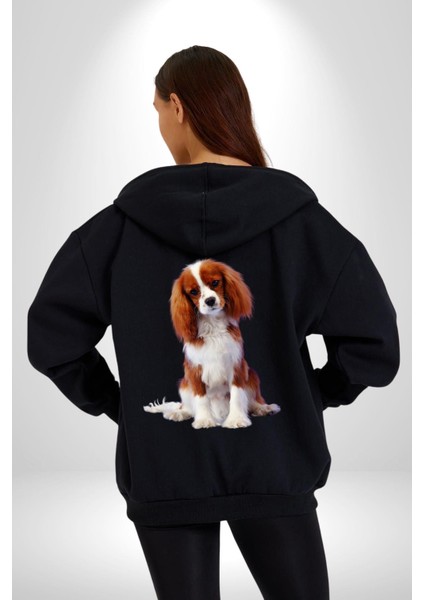 Cavalier King Charles Spaniel Kadın Erkek Siyah Kapüşonlu Fermuarlı Baskılı Hırka Sweatshirt