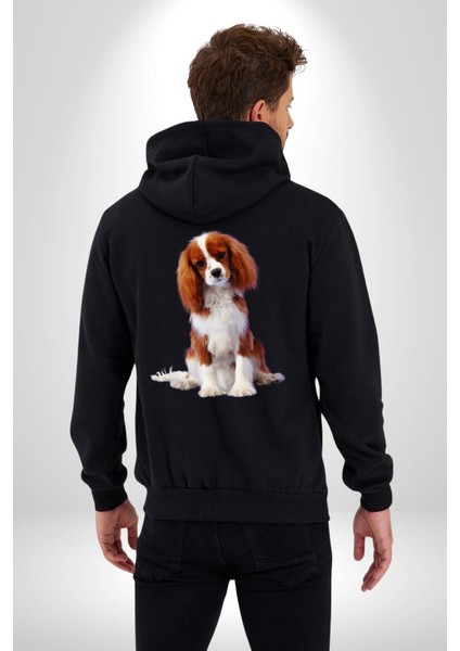Cavalier King Charles Spaniel Kadın Erkek Siyah Kapüşonlu Fermuarlı Baskılı Hırka Sweatshirt