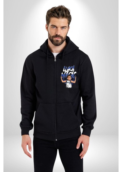 Luka Luka Doncic Basketboll Dallas Kadın Erkek Siyah Kapüşonlu Fermuarlı Baskılı Hırka Sweatshirt