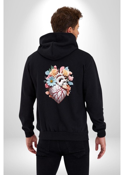 Porselen Çiçek Kalp Kadın Erkek Siyah Renk Kapüşonlu Kanguru Cepli Fermuarlı Pamuklu Oversize Dijital Baskılı Hırka Sweatshirt