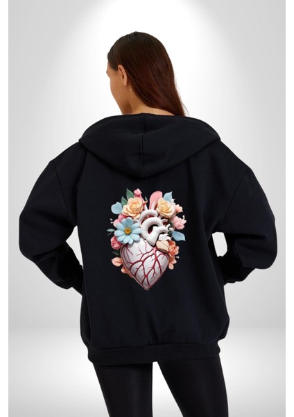 Porselen Çiçek Kalp Kadın Erkek Siyah Renk Kapüşonlu Kanguru Cepli Fermuarlı Pamuklu Oversize Dijital Baskılı Hırka Sweatshirt