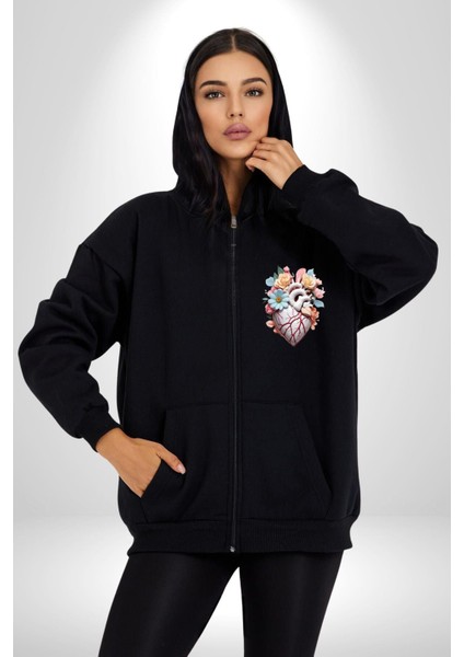 Porselen Çiçek Kalp Kadın Erkek Siyah Renk Kapüşonlu Kanguru Cepli Fermuarlı Pamuklu Oversize Dijital Baskılı Hırka Sweatshirt