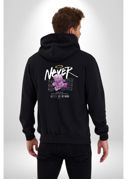 Asla Asla Deme Kadın Erkek Siyah Kapüşonlu Fermuarlı Baskılı Hırka Sweatshirt