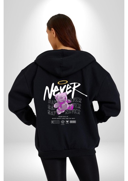 Asla Asla Deme Kadın Erkek Siyah Kapüşonlu Fermuarlı Baskılı Hırka Sweatshirt