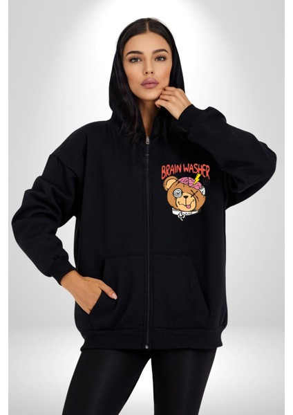 Beyin Yıkama Kadın Erkek Siyah Kapüşonlu Fermuarlı Baskılı Hırka Sweatshirt