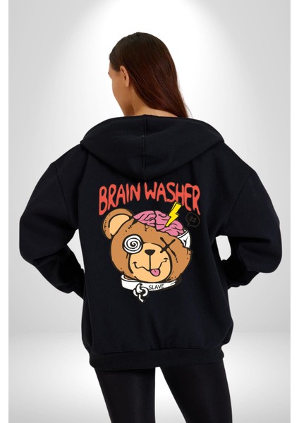 Beyin Yıkama Kadın Erkek Siyah Kapüşonlu Fermuarlı Baskılı Hırka Sweatshirt fiyatları