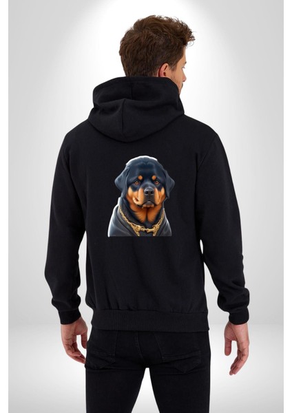 Rottweiler Koca Kafa Puppy Kadın Erkek Siyah Renk Kapüşonlu Kanguru Cepli Fermuarlı Pamuklu Oversize Dijital Baskılı Hırka Sweatshirt