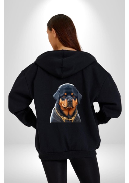 Rottweiler Koca Kafa Puppy Kadın Erkek Siyah Renk Kapüşonlu Kanguru Cepli Fermuarlı Pamuklu Oversize Dijital Baskılı Hırka Sweatshirt