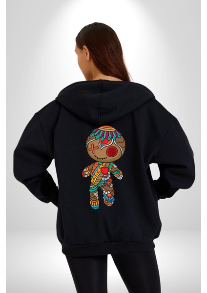 Voofoo Bebeği Doll Doldurulmuş Bebek Kadın Erkek Siyah Renk Kapüşonlu Kanguru Cepli Fermuarlı Pamuklu Oversize Dijital Baskılı Hırka Sweatshirt