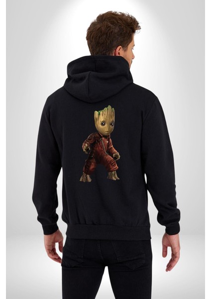 Bebek Groot Guardians Galaxy Kadın Erkek Siyah Renk Kapüşonlu Kanguru Cepli Fermuarlı Pamuklu Oversize Dijital Baskılı Hırka Sweatshirt