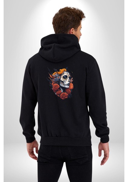 Maske Dövmeli Çiçekli Kız Kadın Erkek Siyah Renk Kapüşonlu Kanguru Cepli Fermuarlı Pamuklu Oversize Dijital Baskılı Hırka Sweatshirt