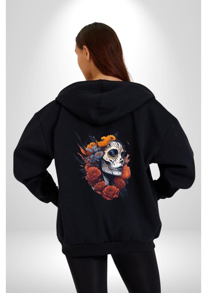 Maske Dövmeli Çiçekli Kız Kadın Erkek Siyah Renk Kapüşonlu Kanguru Cepli Fermuarlı Pamuklu Oversize Dijital Baskılı Hırka Sweatshirt