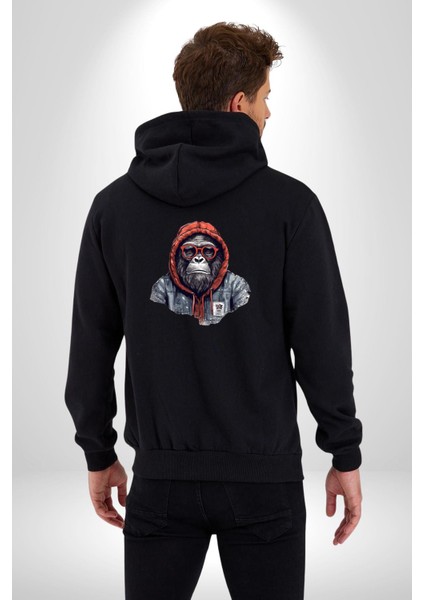 Kırmızı Gözlük Çeket Maymun Kadın Erkek Siyah Renk Kapüşonlu Kanguru Cepli Fermuarlı Pamuklu Oversize Dijital Baskılı Hırka Sweatshirt fiyatları