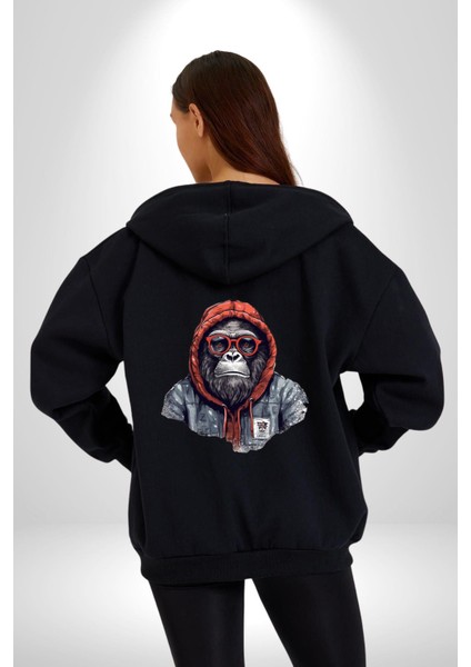 Kırmızı Gözlük Çeket Maymun Kadın Erkek Siyah Renk Kapüşonlu Kanguru Cepli Fermuarlı Pamuklu Oversize Dijital Baskılı Hırka Sweatshirt modelleri
