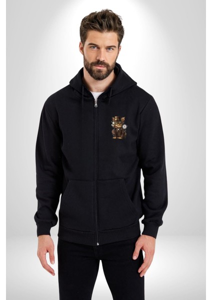 Iş Insanı Yorkshire Zamanda Yolculuk Kadın Erkek Siyah Renk Kapüşonlu Kanguru Cepli Fermuarlı Pamuklu Oversize Dijital Baskılı Hırka Sweatshirt