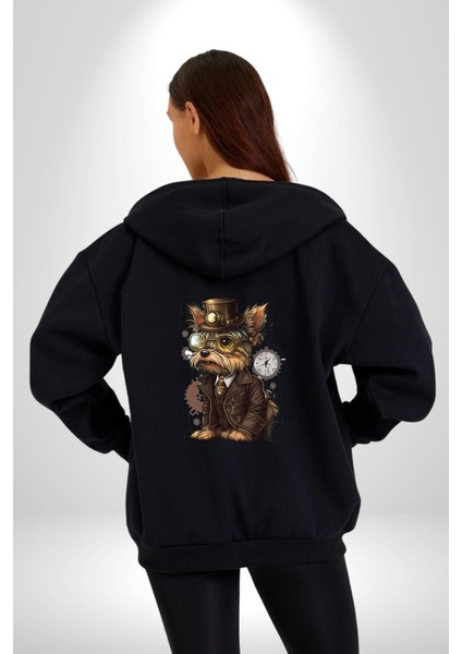 Iş Insanı Yorkshire Zamanda Yolculuk Kadın Erkek Siyah Renk Kapüşonlu Kanguru Cepli Fermuarlı Pamuklu Oversize Dijital Baskılı Hırka Sweatshirt