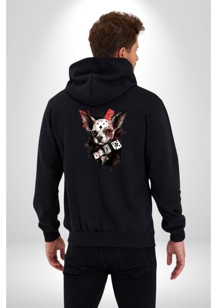 Poker Chihuahua Kadın Erkek Siyah Renk Kapüşonlu Kanguru Cepli Fermuarlı Pamuklu Oversize Dijital Baskılı Hırka Sweatshirt