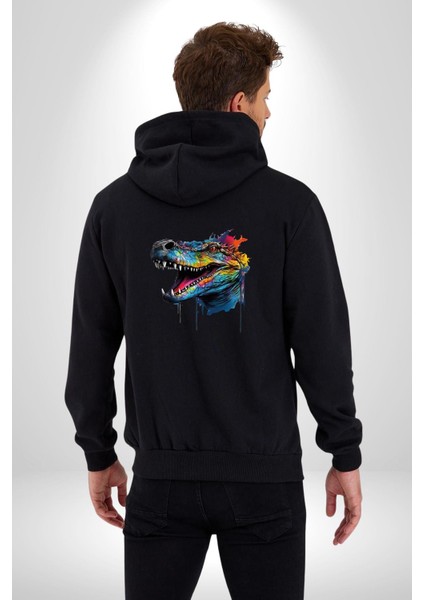 Timsah Renkli Kafası Kadın Erkek Siyah Renk Kapüşonlu Kanguru Cepli Fermuarlı Pamuklu Oversize Dijital Baskılı Hırka Sweatshirt