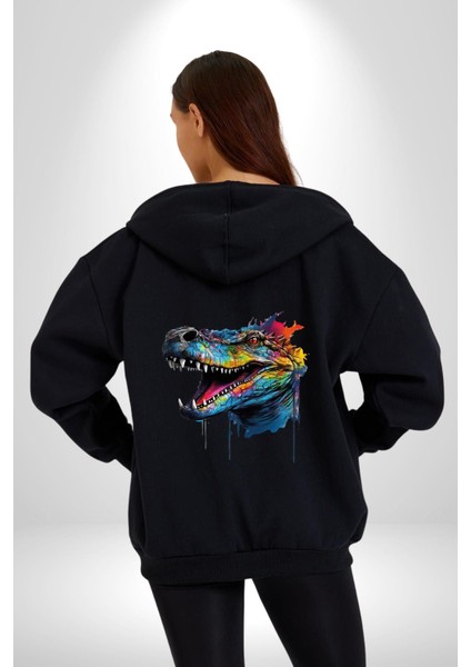 Timsah Renkli Kafası Kadın Erkek Siyah Renk Kapüşonlu Kanguru Cepli Fermuarlı Pamuklu Oversize Dijital Baskılı Hırka Sweatshirt