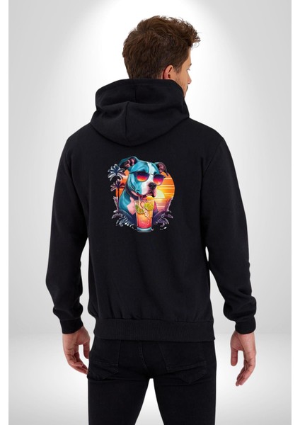 Tatil Köpek Soğuk Kokteyl Içeçek Kadın Erkek Siyah Renk Kapüşonlu Kanguru Cepli Fermuarlı Pamuklu Oversize Dijital Baskılı Hırka Sweatshirt