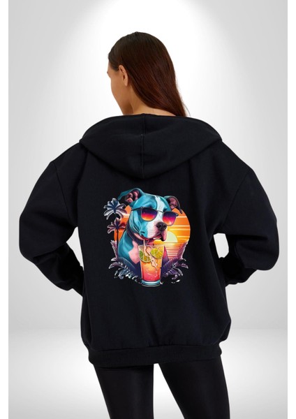 Tatil Köpek Soğuk Kokteyl Içeçek Kadın Erkek Siyah Renk Kapüşonlu Kanguru Cepli Fermuarlı Pamuklu Oversize Dijital Baskılı Hırka Sweatshirt