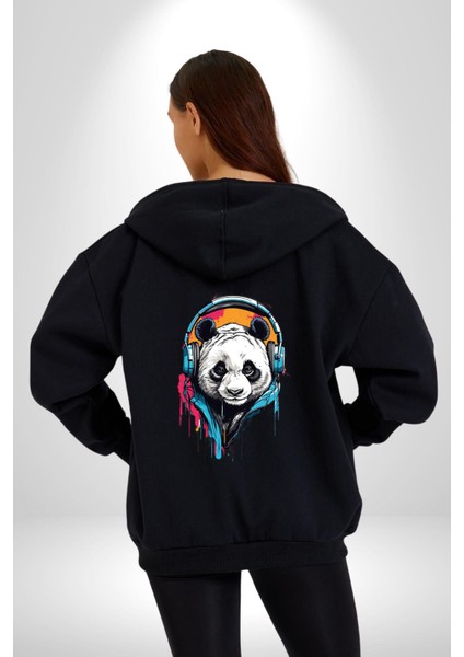 Kulaklık Ayı Panda Kadın Erkek Siyah Renk Kapüşonlu Kanguru Cepli Fermuarlı Pamuklu Oversize Dijital Baskılı Hırka Sweatshirt