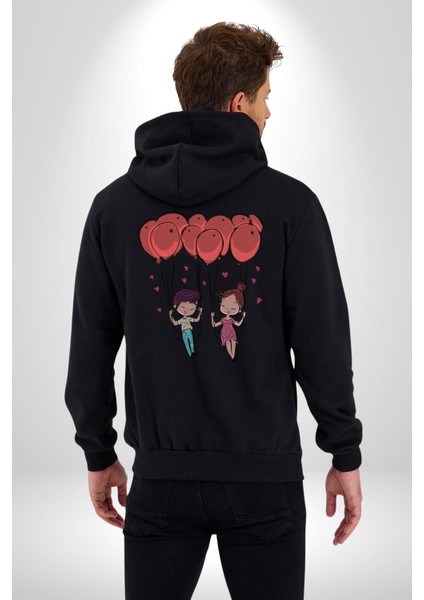 Sevgili Balon Aşk Salıncak Sevgililer Günü Kadın Erkek Siyah Renk Kapüşonlu Kanguru Cepli Fermuarlı Pamuklu Oversize Dijital Baskılı Hırka Sweatshirt