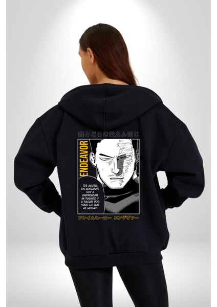 Enji Todoroki Manga Kadın Erkek Siyah Kapüşonlu Fermuarlı Baskılı Hırka Sweatshirt fırsatları