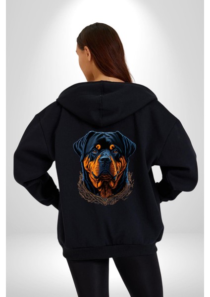 Rottweiler Koca Kafa Kadın Erkek Siyah Renk Kapüşonlu Kanguru Cepli Fermuarlı Pamuklu Oversize Dijital Baskılı Hırka Sweatshirt modelleri