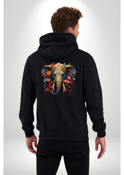 Bereket Fil Hintli Tasarım Kadın Erkek Siyah Renk Kapüşonlu Kanguru Cepli Fermuarlı Pamuklu Oversize Dijital Baskılı Hırka Sweatshirt