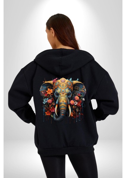 Bereket Fil Hintli Tasarım Kadın Erkek Siyah Renk Kapüşonlu Kanguru Cepli Fermuarlı Pamuklu Oversize Dijital Baskılı Hırka Sweatshirt