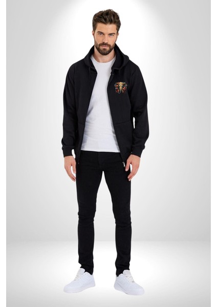 Bereket Fil Hintli Tasarım Kadın Erkek Siyah Renk Kapüşonlu Kanguru Cepli Fermuarlı Pamuklu Oversize Dijital Baskılı Hırka Sweatshirt