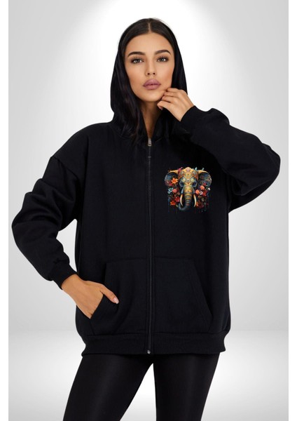 Bereket Fil Hintli Tasarım Kadın Erkek Siyah Renk Kapüşonlu Kanguru Cepli Fermuarlı Pamuklu Oversize Dijital Baskılı Hırka Sweatshirt