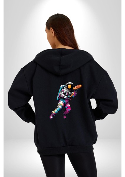 Pizza Servisi Uzay Kurye Kadın Erkek Siyah Renk Kapüşonlu Kanguru Cepli Fermuarlı Pamuklu Oversize Dijital Baskılı Hırka Sweatshirt