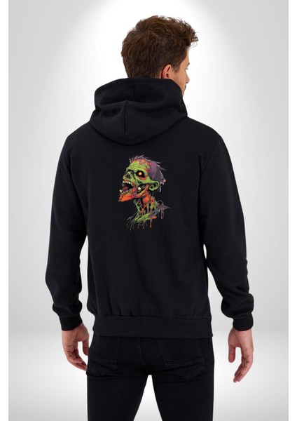 Zombi Kafası Kadın Erkek Siyah Renk Kapüşonlu Kanguru Cepli Fermuarlı Pamuklu Oversize Dijital Baskılı Hırka Sweatshirt