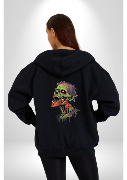 Zombi Kafası Kadın Erkek Siyah Renk Kapüşonlu Kanguru Cepli Fermuarlı Pamuklu Oversize Dijital Baskılı Hırka Sweatshirt