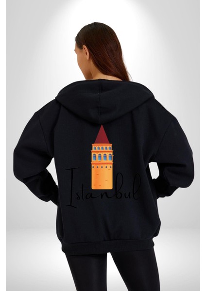 Istanbul Galata Kulesi Kadın Erkek Siyah Kapüşonlu Fermuarlı Baskılı Hırka Sweatshirt
