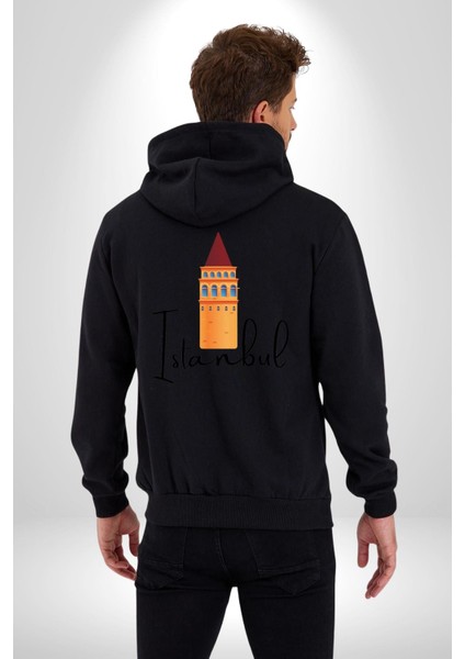 Istanbul Galata Kulesi Kadın Erkek Siyah Kapüşonlu Fermuarlı Baskılı Hırka Sweatshirt