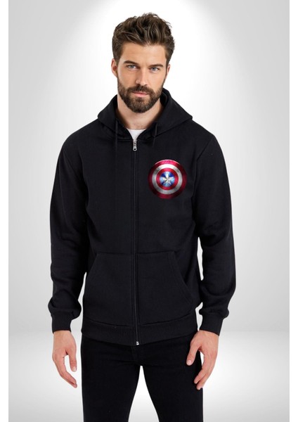 Kaptan Amerika Kalkan Kadın Erkek Siyah Kapüşonlu Fermuarlı Baskılı Hırka Sweatshirt