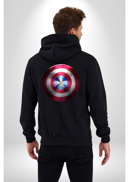 Kaptan Amerika Kalkan Kadın Erkek Siyah Kapüşonlu Fermuarlı Baskılı Hırka Sweatshirt