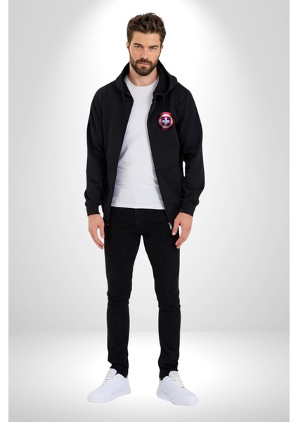 Kaptan Amerika Kalkan Kadın Erkek Siyah Kapüşonlu Fermuarlı Baskılı Hırka Sweatshirt