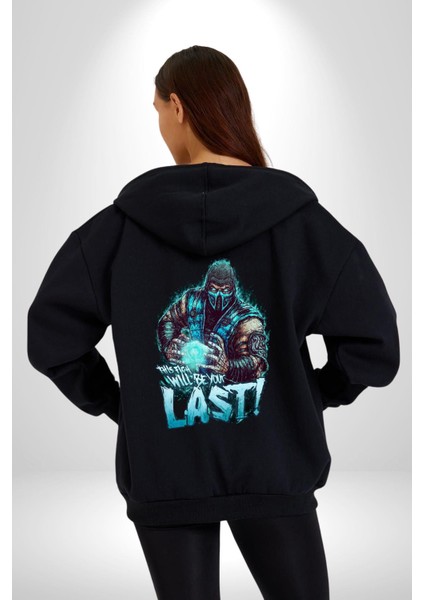 Sub Zero Mortal Kombat Bu Kavga Senin Sonun Olacak Kadın Erkek Siyah Kapüşonlu Fermuarlı Baskılı Hırka Sweatshirt
