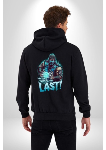 Sub Zero Mortal Kombat Bu Kavga Senin Sonun Olacak Kadın Erkek Siyah Kapüşonlu Fermuarlı Baskılı Hırka Sweatshirt