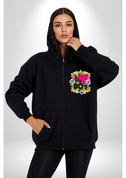 80LERI Seviyorum Kaset ve Özel Hediye Kadın Erkek Siyah Kapüşonlu Fermuarlı Baskılı Hırka Sweatshirt