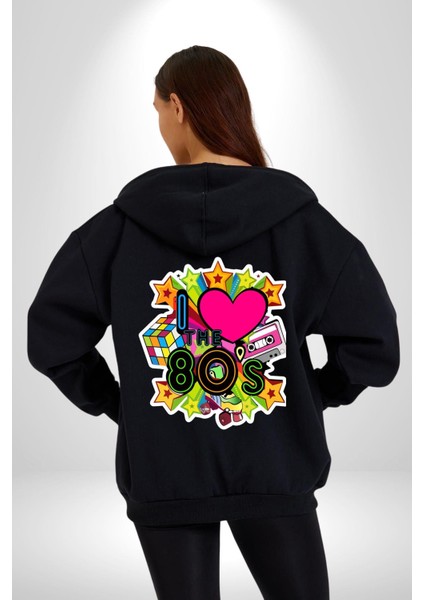 80LERI Seviyorum Kaset ve Özel Hediye Kadın Erkek Siyah Kapüşonlu Fermuarlı Baskılı Hırka Sweatshirt fiyatları