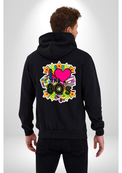 80LERI Seviyorum Kaset ve Özel Hediye Kadın Erkek Siyah Kapüşonlu Fermuarlı Baskılı Hırka Sweatshirt fırsatları