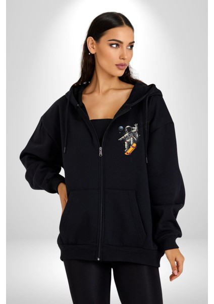 Atronot Kaykay Uzay Mars Kadın Erkek Siyah Renk Kapüşonlu Kanguru Cepli Fermuarlı Pamuklu Oversize Dijital Baskılı Hırka Sweatshirt